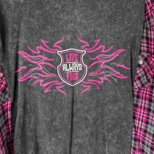 Upcycled‎ live always free t-shirt and plaid flannel grey pink OS